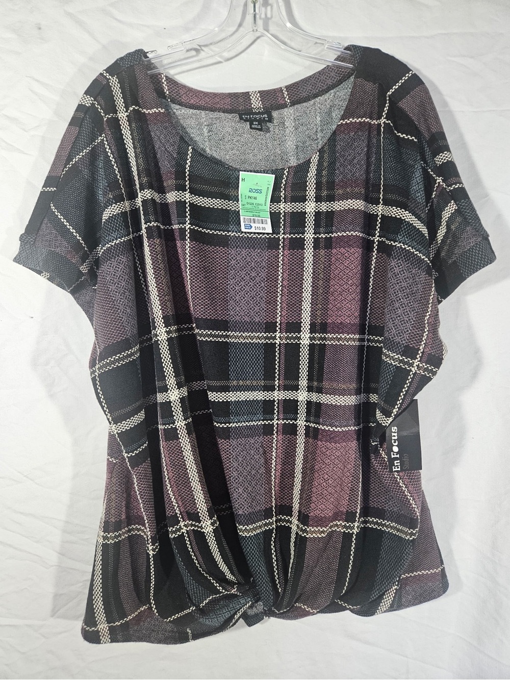 Enfocus Studio Plaid Twist-Front Short Sleeve Top - Black & Mauve